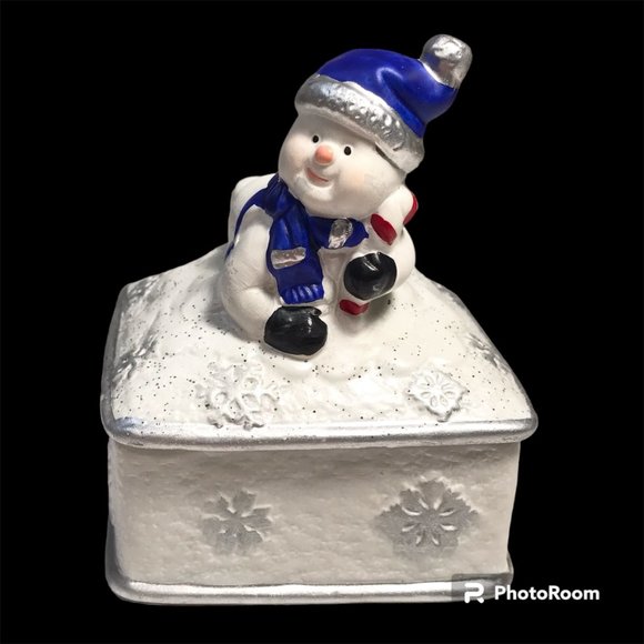 Vintage Ceramic Snowman Snowflake Christmas Trinket Box Jewelry Blue WhiteSilver - Picture 3 of 16